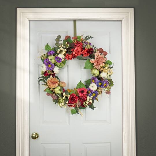 30" Harvest Serenity Mixed Flower & Pumpkin Wreath